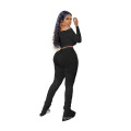 Top Quality Sexy Fashion Plain Sweat Suits Designer Stack Pants Neck Long Sleeve off Shoulder Two Piece Set